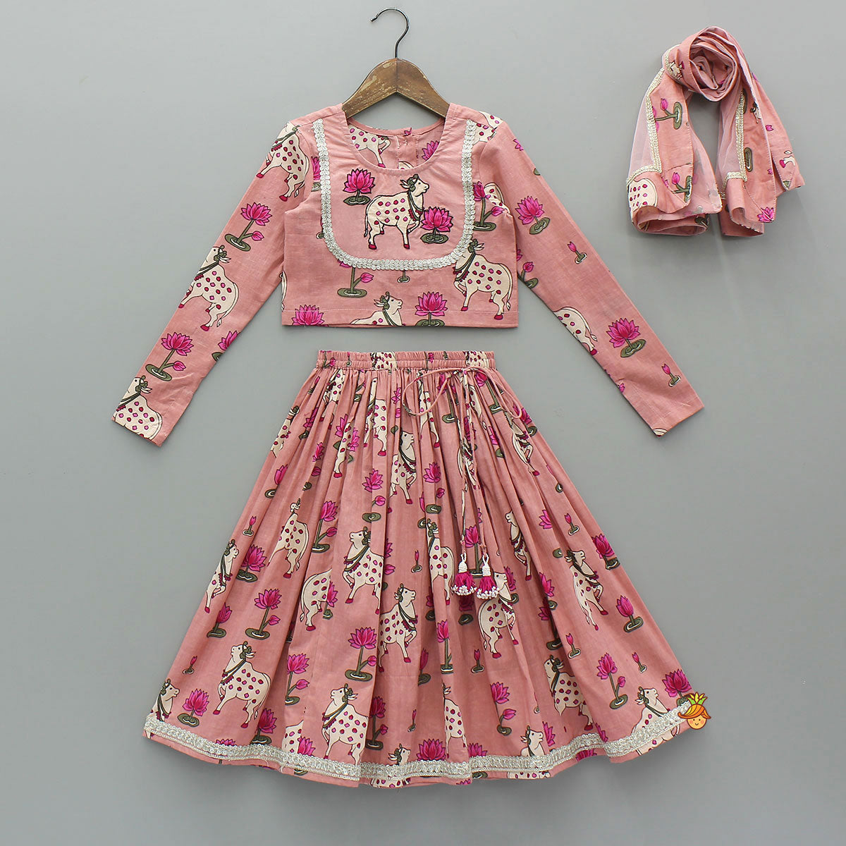 Pre Order: Lotus Printed Elegant Top With Matching Lehenga And Dupatta