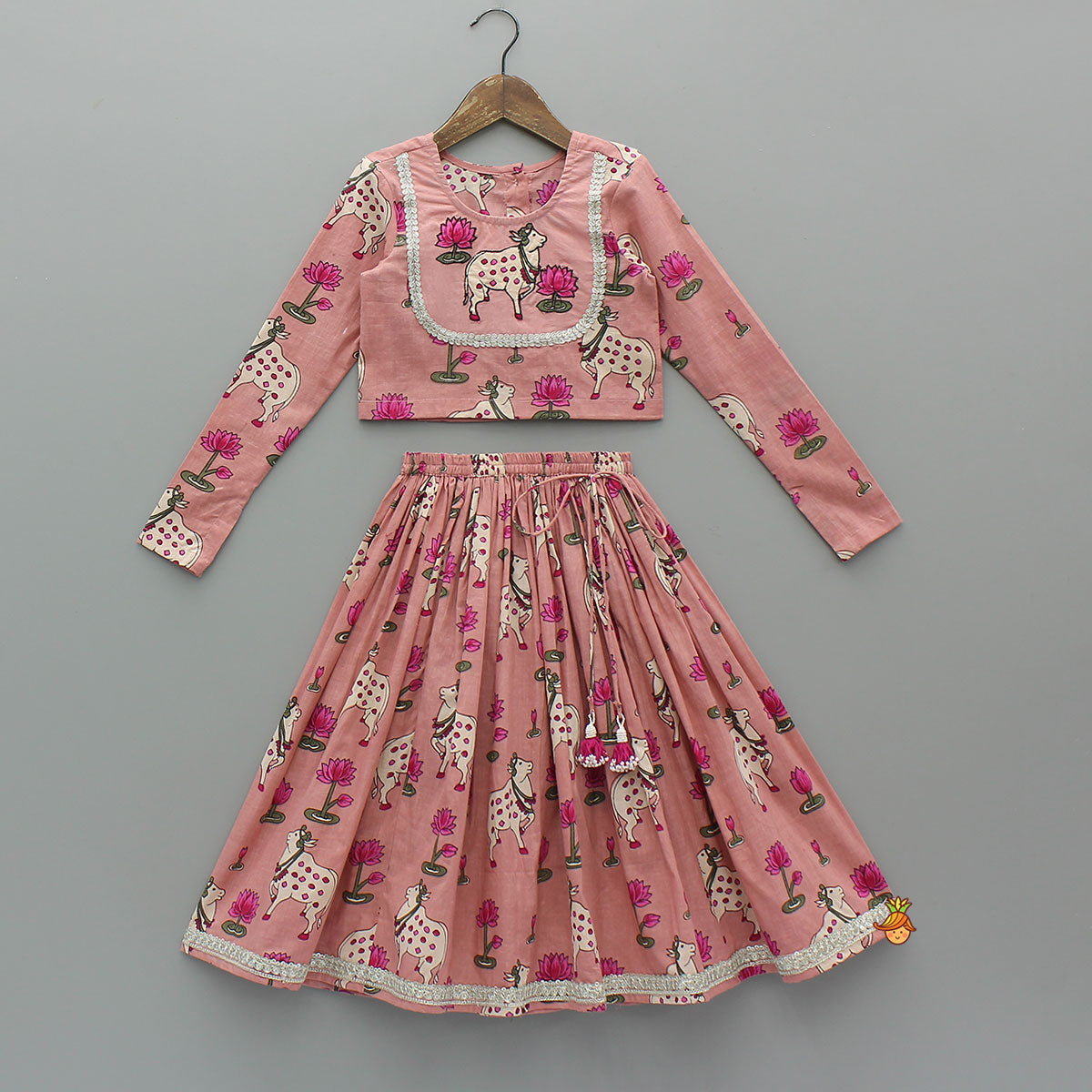 Pre Order: Lotus Printed Elegant Top With Matching Lehenga And Dupatta