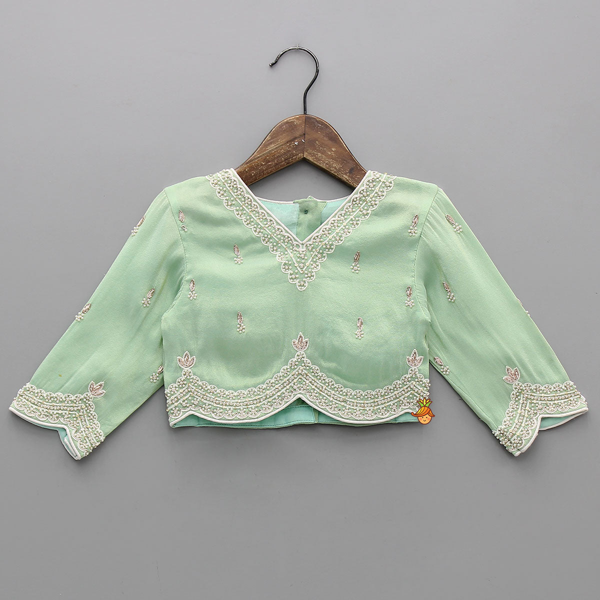 Pre Order: Stylish Hem Embroidered Top And Scalloped Lehenga