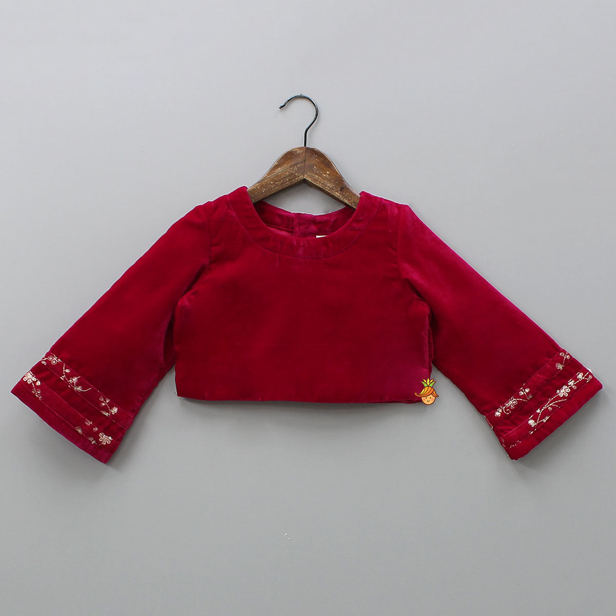 Pre Order: Velvet Top With Zari-Embroidered Lehenga And Attached Dupatta