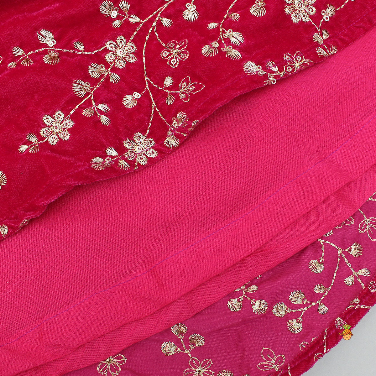 Pre Order: Velvet Top With Zari-Embroidered Lehenga And Attached Dupatta