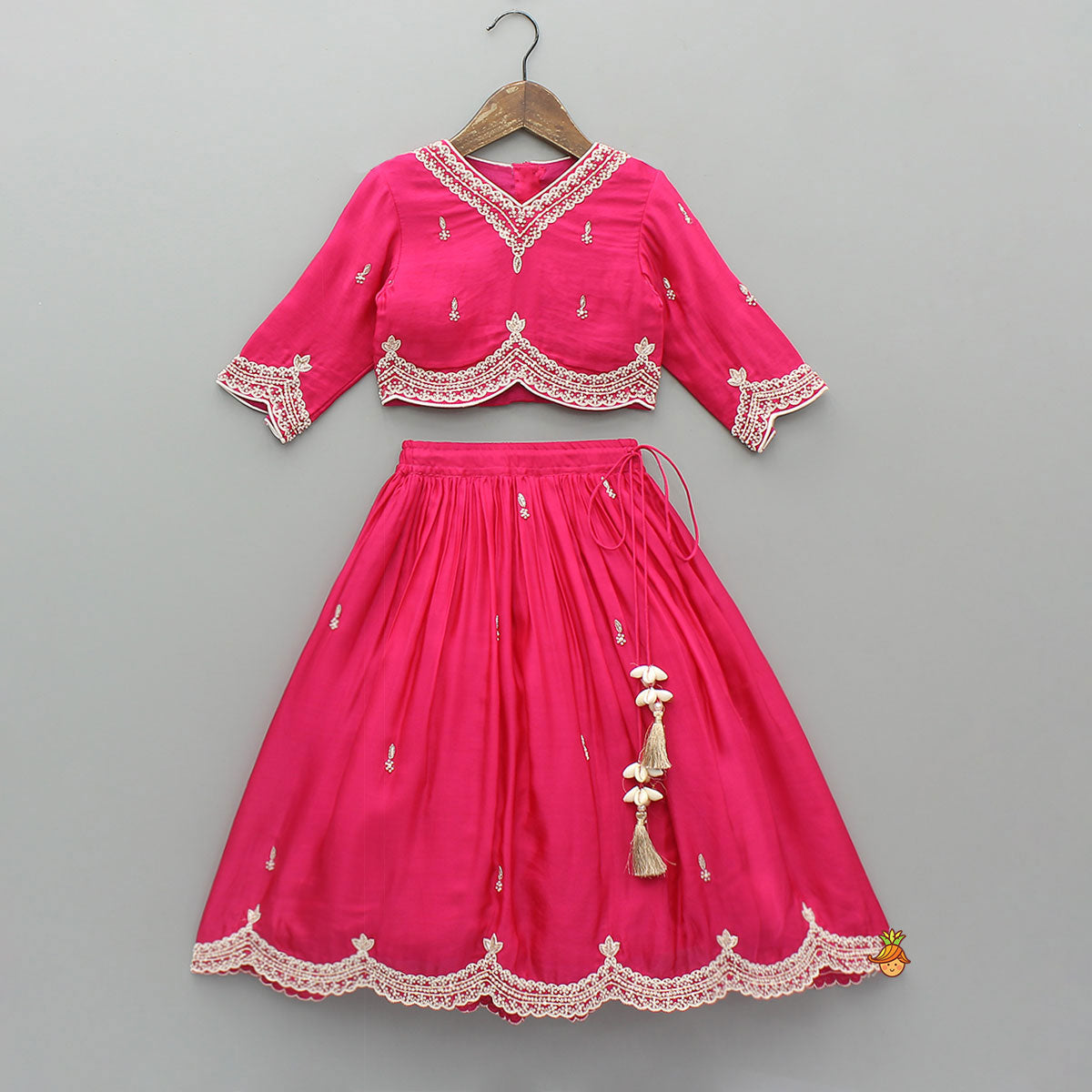 Pre Order: Stylish Hem Embroidered Elegant Top And Scalloped Lehenga