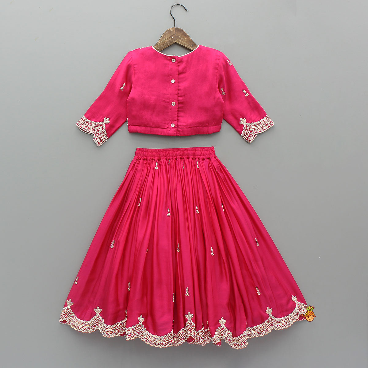 Pre Order: Stylish Hem Embroidered Elegant Top And Scalloped Lehenga