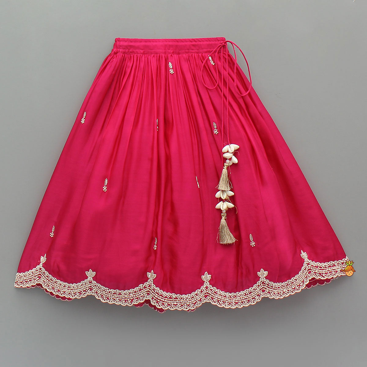 Pre Order: Stylish Hem Embroidered Elegant Top And Scalloped Lehenga