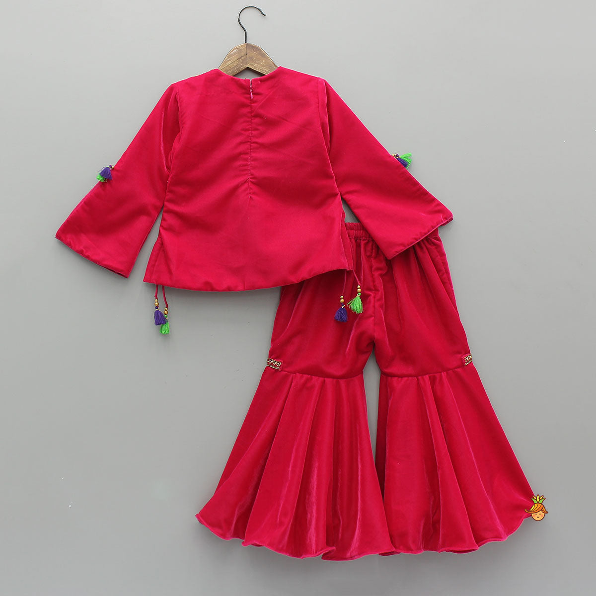 Pre Order: Contrasting Fringes Detailed Velvet Top With Sharara