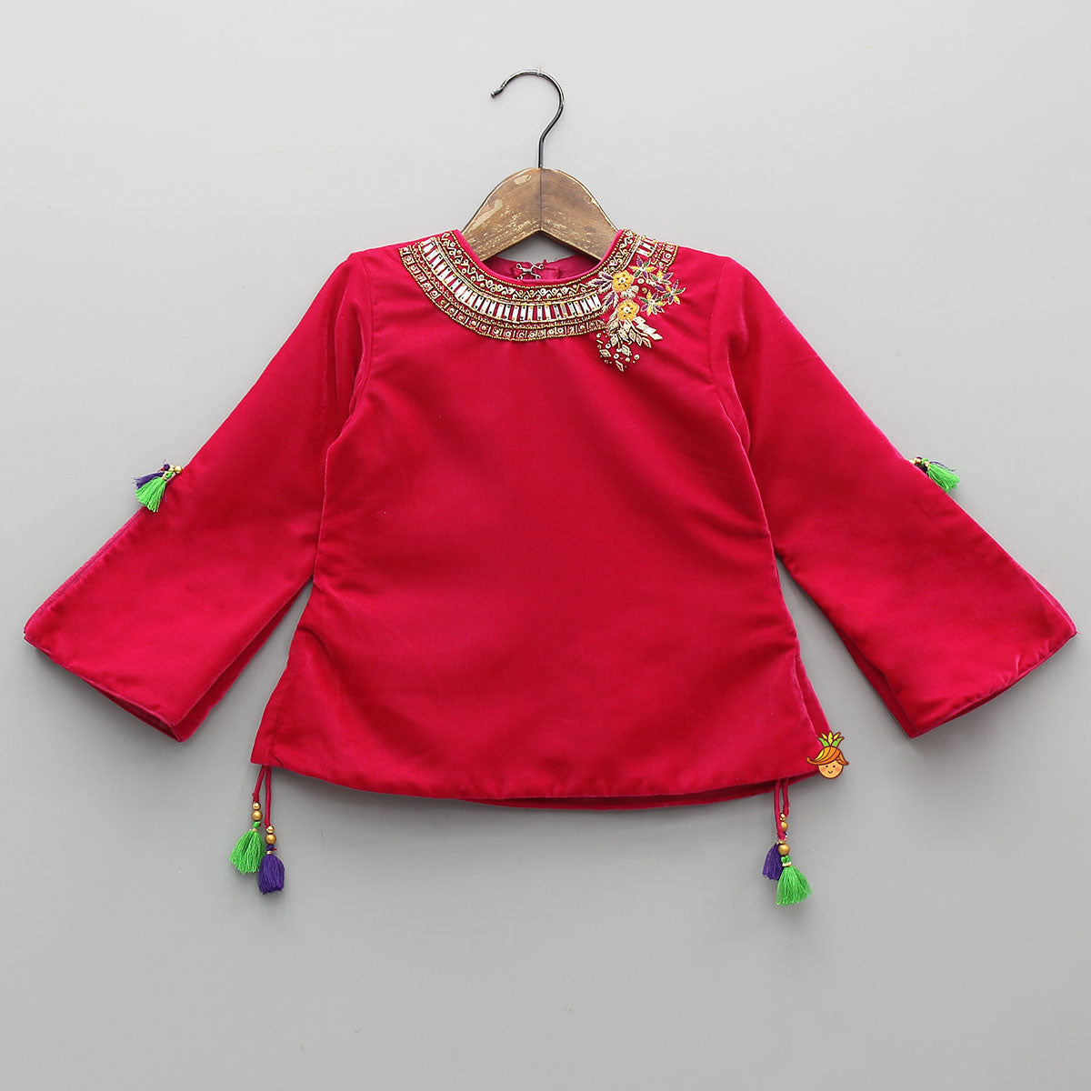 Pre Order: Contrasting Fringes Detailed Velvet Top With Sharara