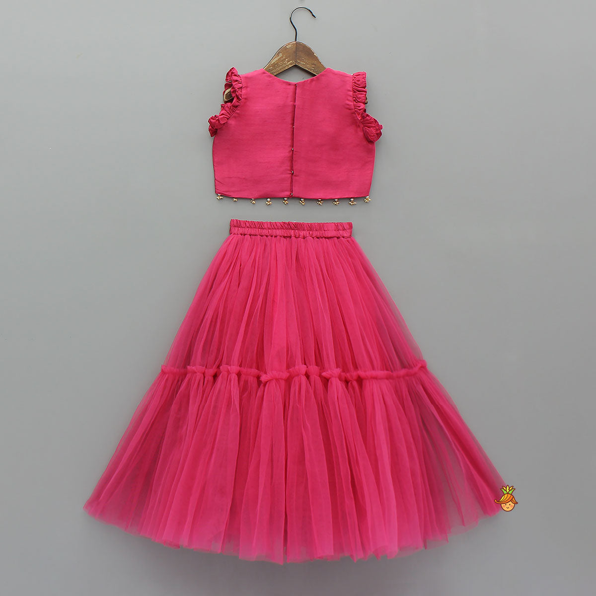 Pre Order: Animal Motif Embroidered Top And Net Lehenga With Matching Dupatta