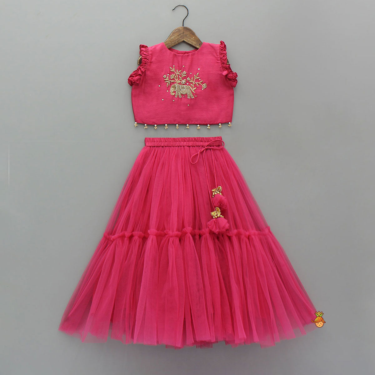 Pre Order: Animal Motif Embroidered Top And Net Lehenga With Matching Dupatta