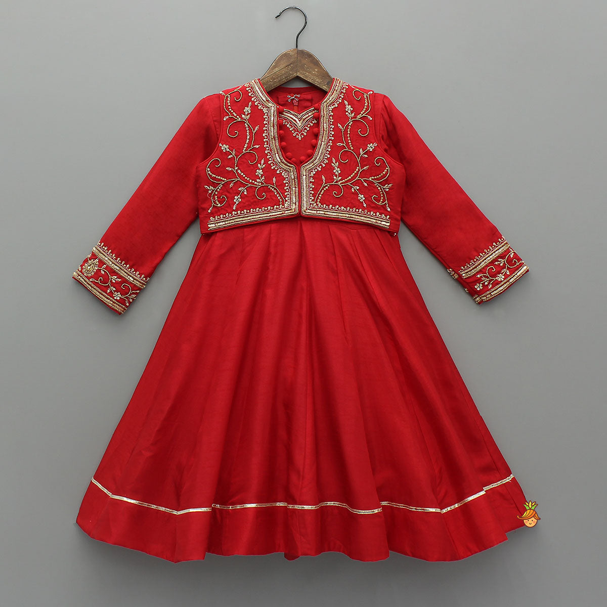 Pre Order: Embroidered Neckline Kurti With Potli Button Detail Jacket