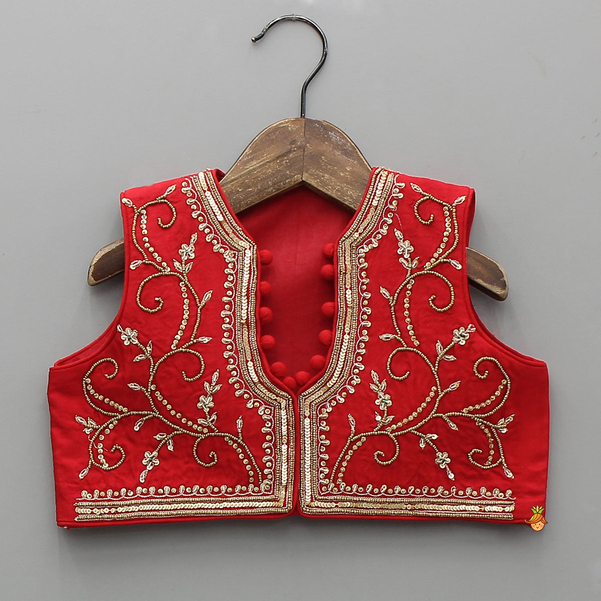 Pre Order: Embroidered Neckline Kurti With Potli Button Detail Jacket