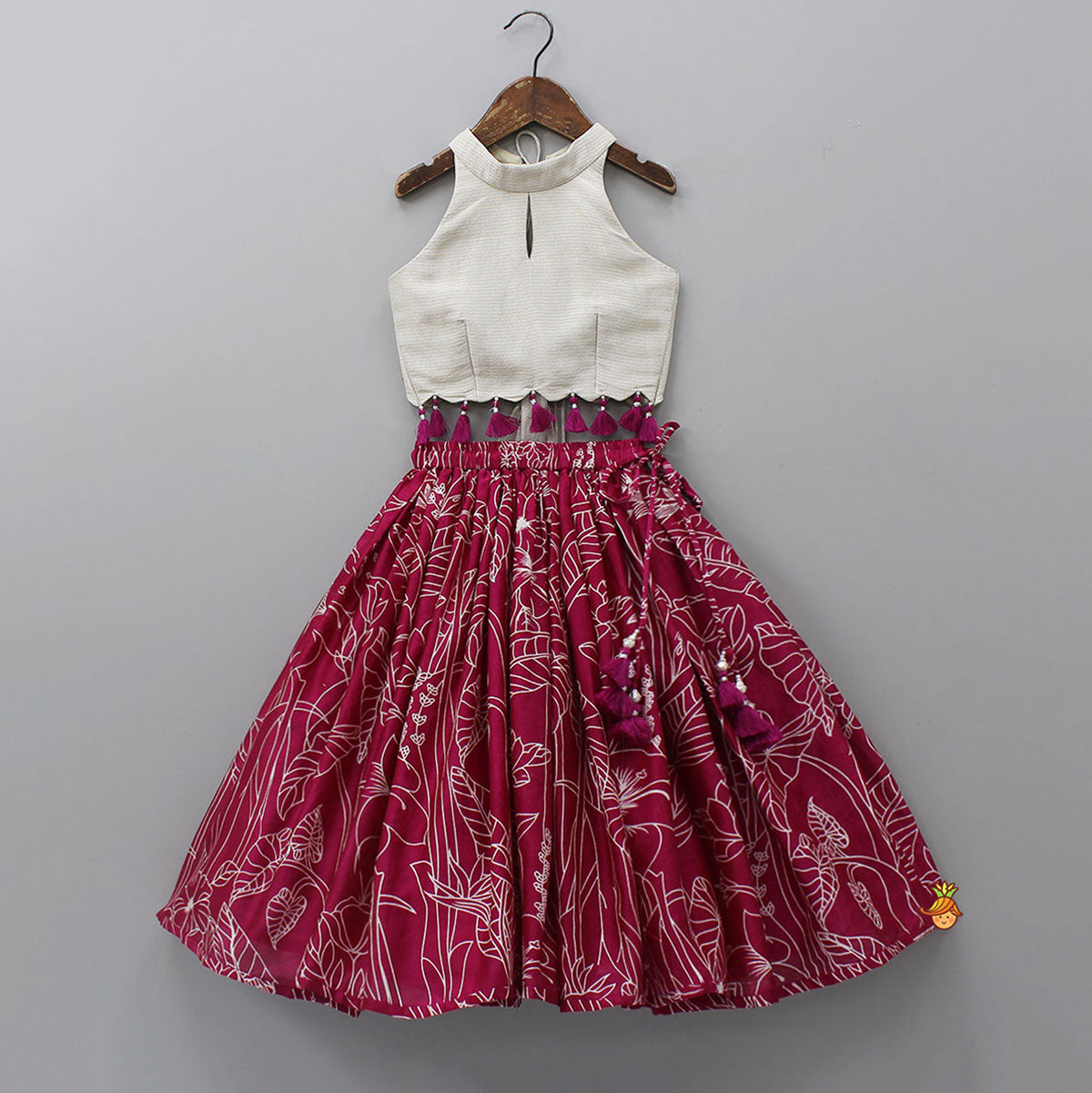 Pre Order: Halter Neck Fringe Detailed Top With Printed Lehenga