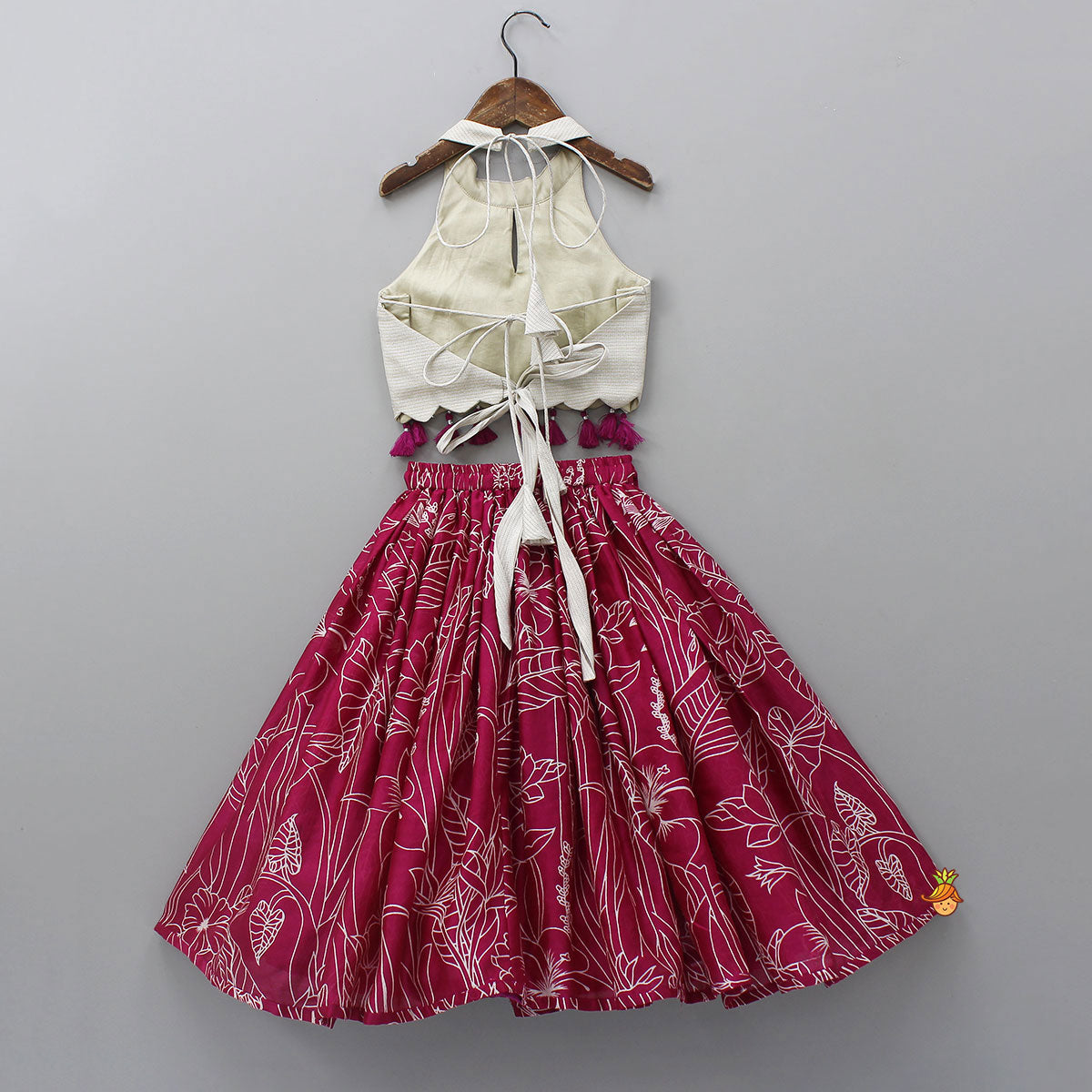 Pre Order: Halter Neck Fringe Detailed Top With Printed Lehenga