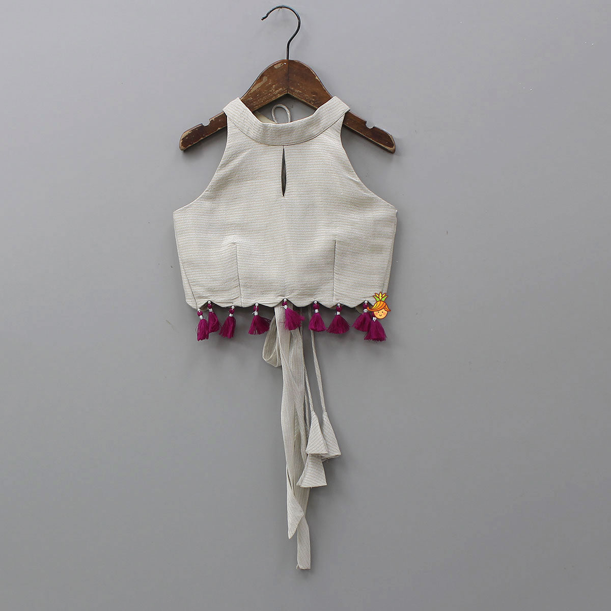 Pre Order: Halter Neck Fringe Detailed Top With Printed Lehenga