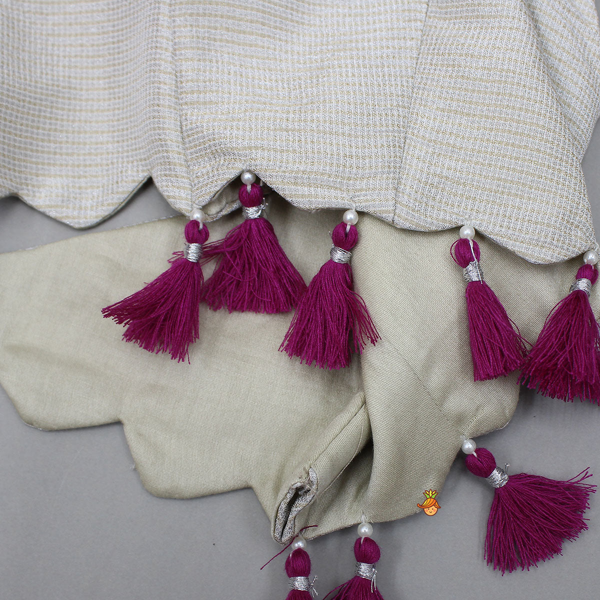 Pre Order: Halter Neck Fringe Detailed Top With Printed Lehenga