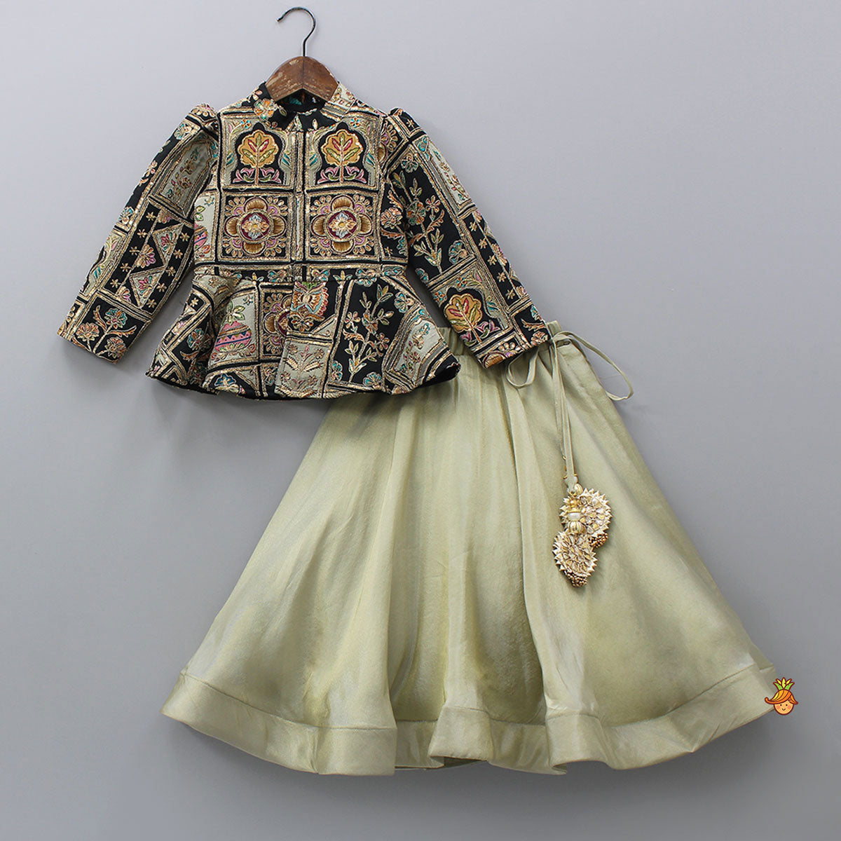 Pre Order: Ethnic Floral Printed And Embroidered Peplum Top With Lehenga