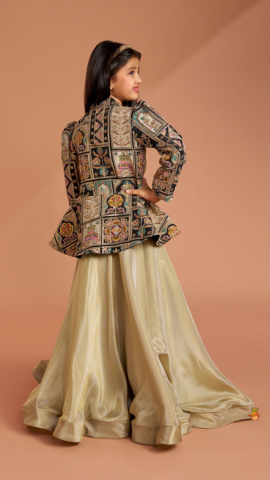 Pre Order: Ethnic Floral Printed And Embroidered Peplum Top With Lehenga