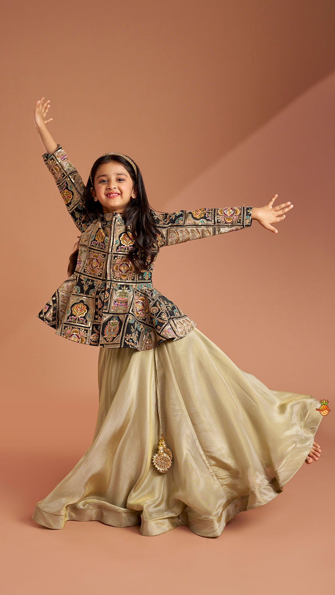 Pre Order: Ethnic Floral Printed And Embroidered Peplum Top With Lehenga