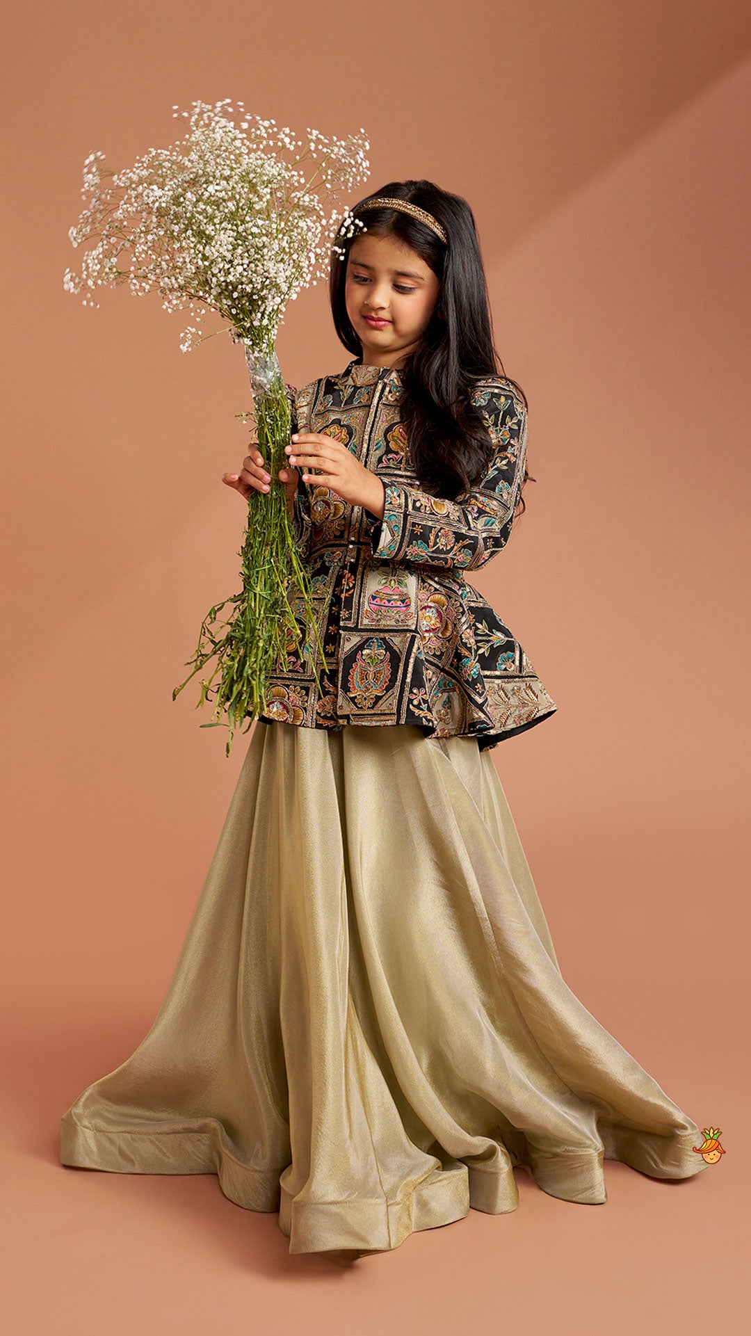 Pre Order: Ethnic Floral Printed And Embroidered Peplum Top With Lehenga