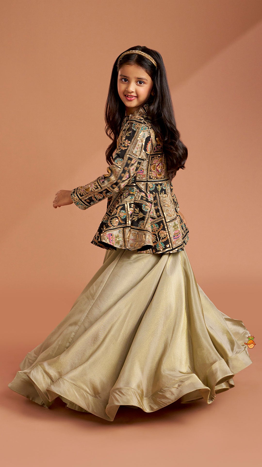 Pre Order: Ethnic Floral Printed And Embroidered Peplum Top With Lehenga