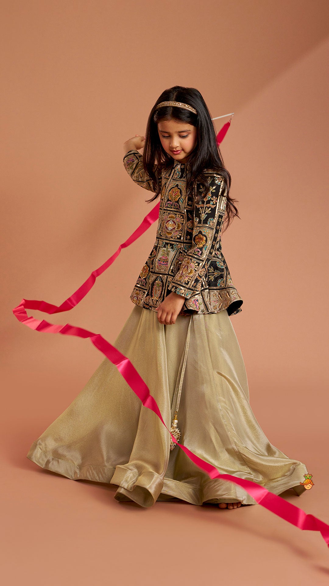 Pre Order: Ethnic Floral Printed And Embroidered Peplum Top With Lehenga