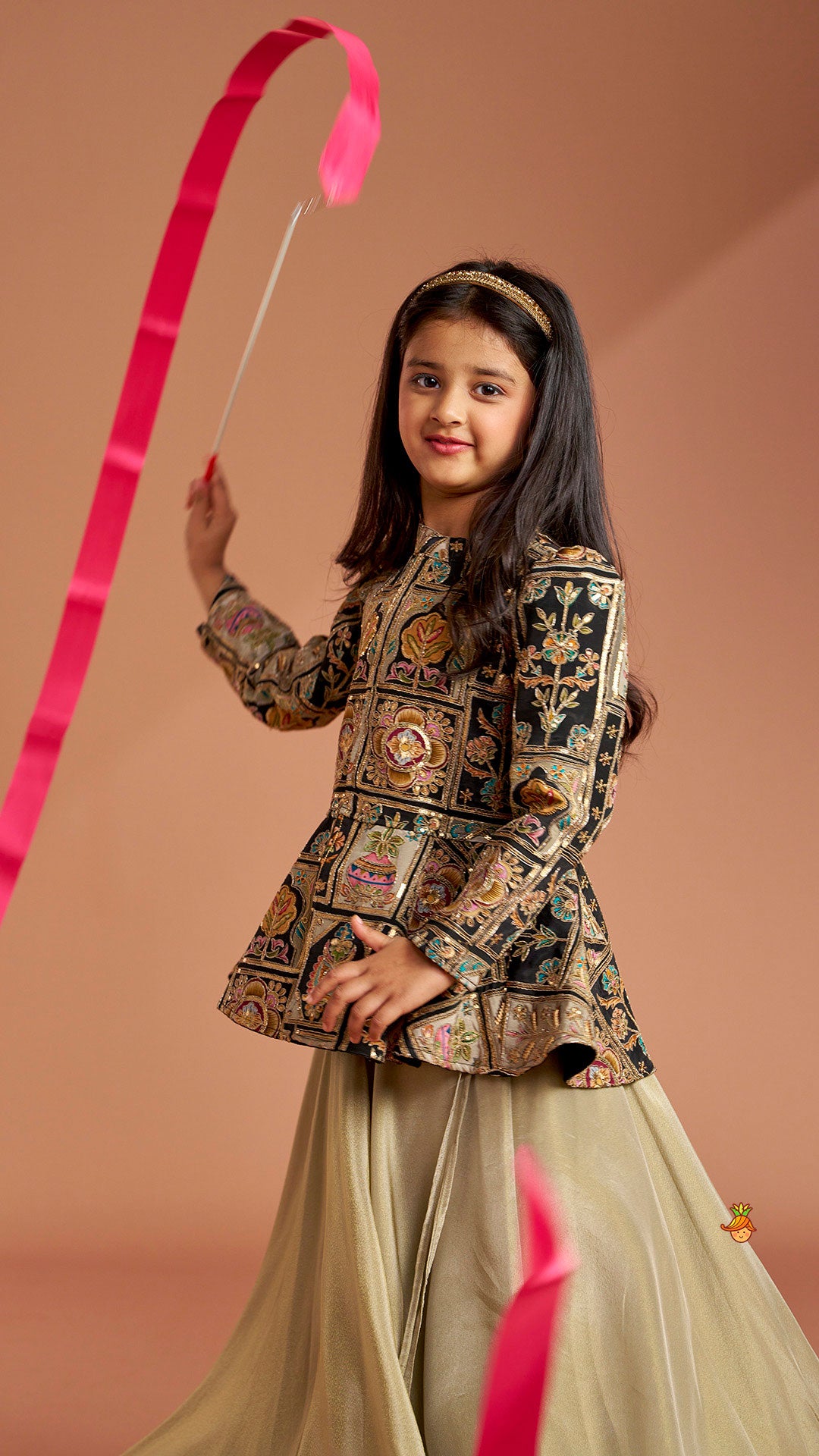 Pre Order: Ethnic Floral Printed And Embroidered Peplum Top With Lehenga