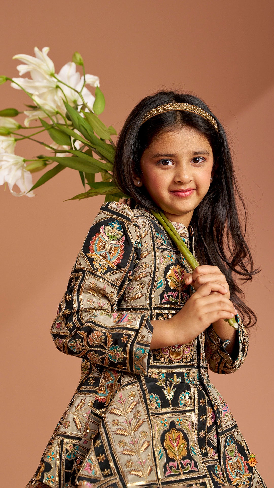 Pre Order: Ethnic Floral Printed And Embroidered Peplum Top With Lehenga