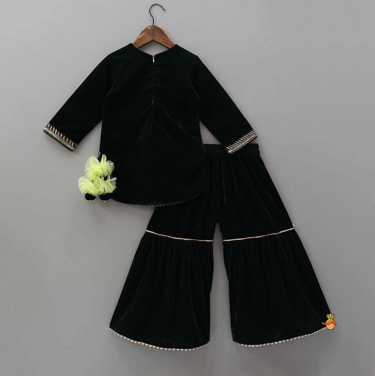 Pre Order: Embroidered Velvet Kurti And Sharara With Contrasting Dupatta