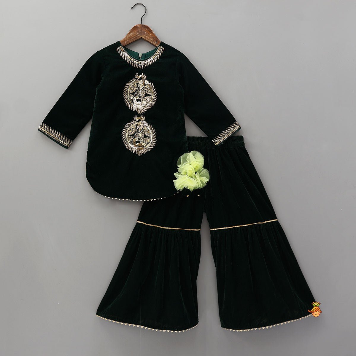 Pre Order: Embroidered Velvet Kurti And Sharara With Contrasting Dupatta