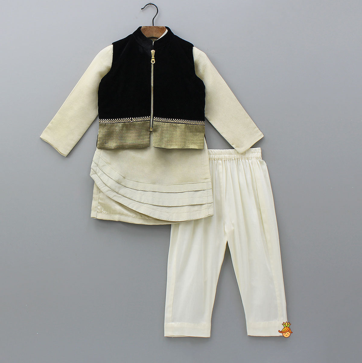 Pre Order: Shimmery Stylish Cut Hem Kurta With Velvet Jacket And Pyjama