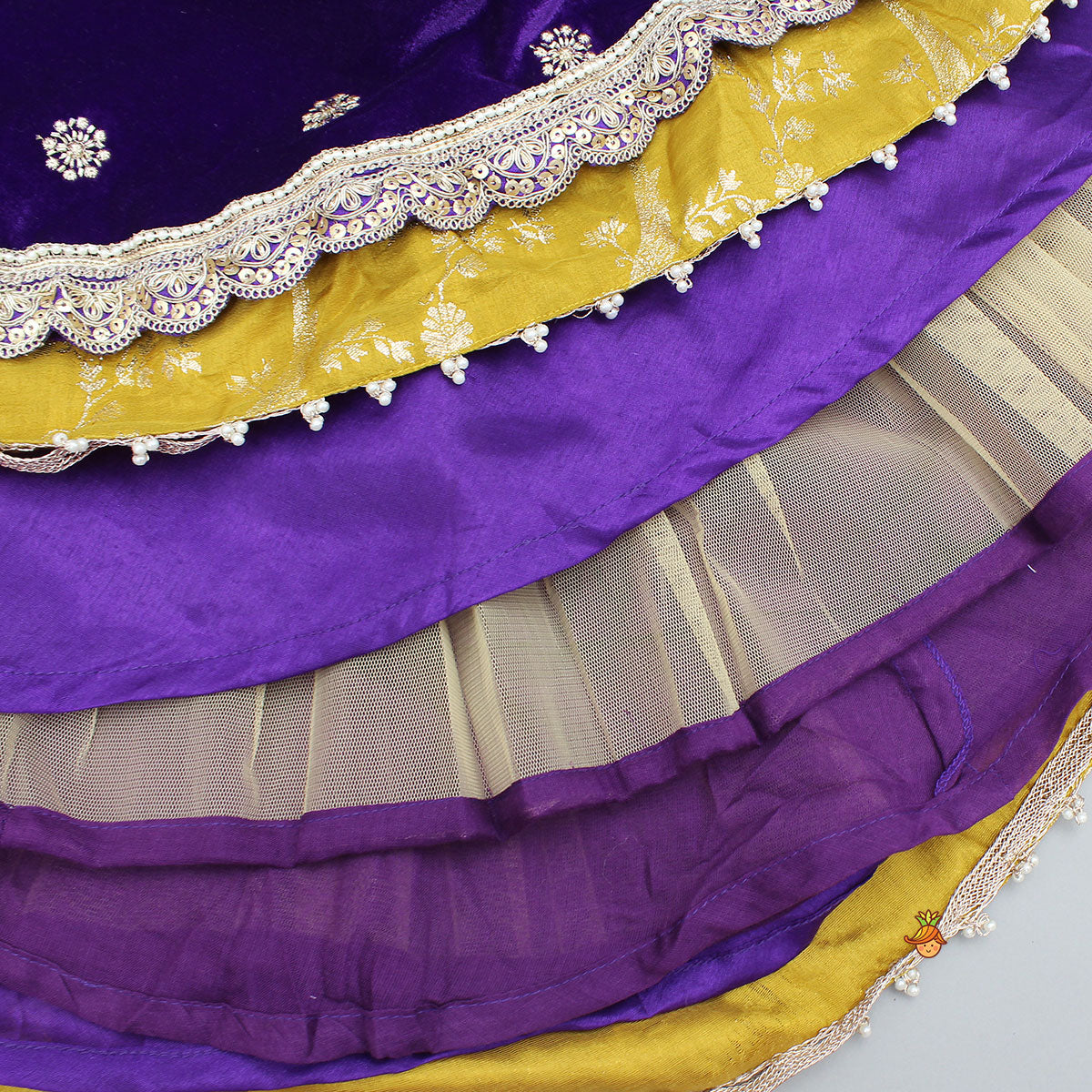 Pre Order: Stunning Velvet Jacket-Style Top With Embroidered Lehenga And Dupatta