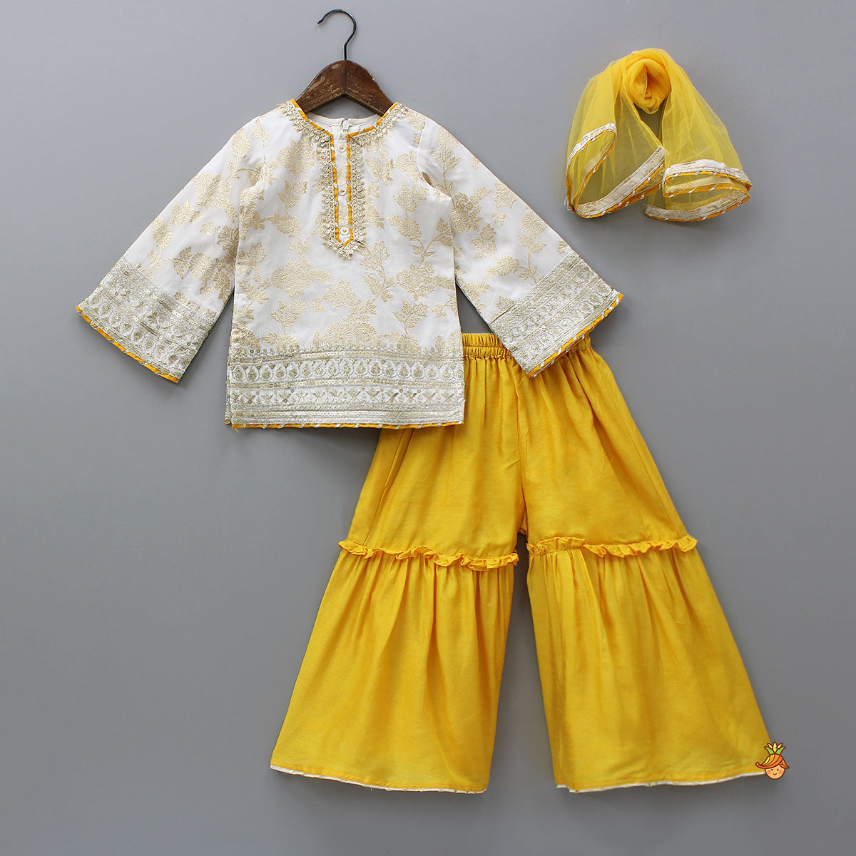 Pre Order: Flared Sleeves Top And Sharara With Net Dupatta