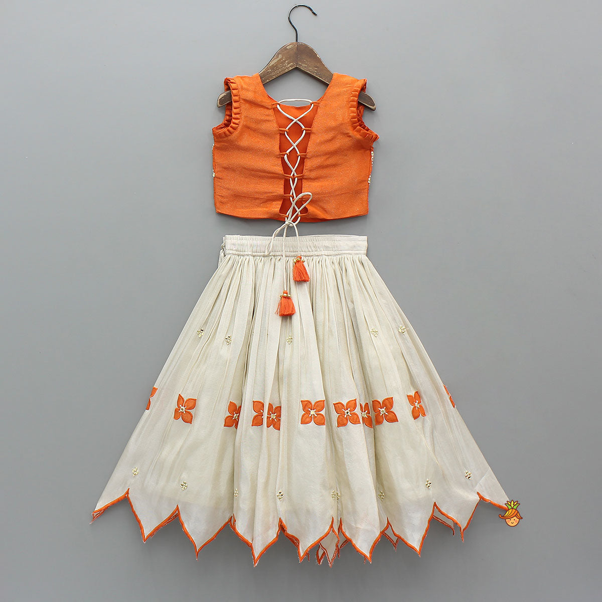 Pre Order: Shimmery Mirror Work Top With Floral Applique Lehenga