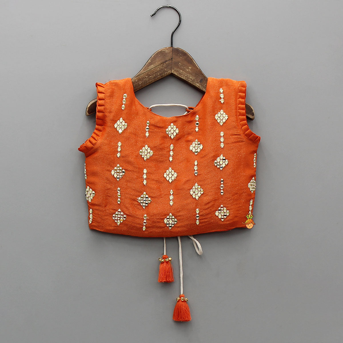 Pre Order: Shimmery Mirror Work Top With Floral Applique Lehenga