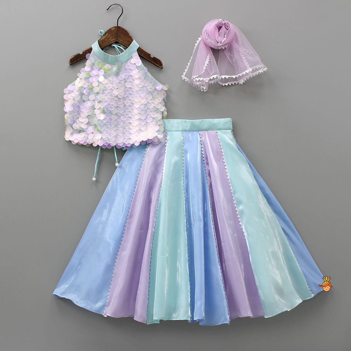 Pre Order: Sequined Halter Neck Top And Multicolour Lehenga With Net Dupatta