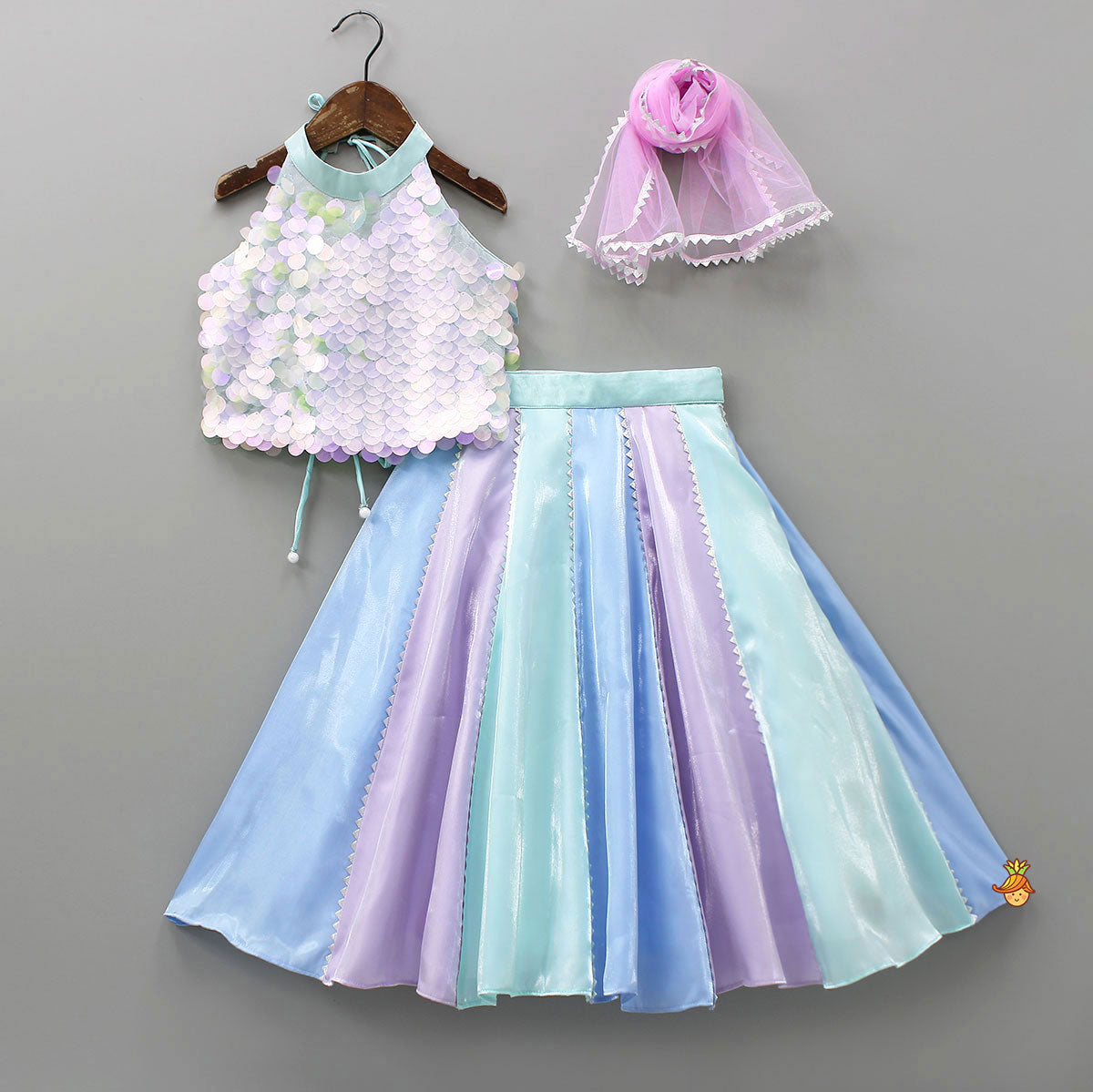 Pre Order: Sequined Halter Neck Top And Multicolour Shiny Lehenga With Net Dupatta