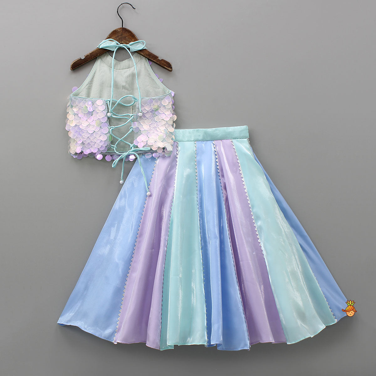 Pre Order: Sequined Halter Neck Top And Multicolour Lehenga With Net Dupatta