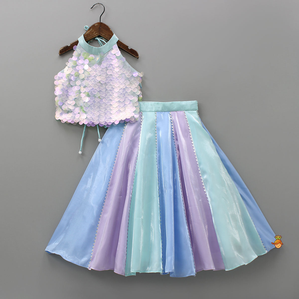 Pre Order: Sequined Halter Neck Top And Multicolour Lehenga With Net Dupatta