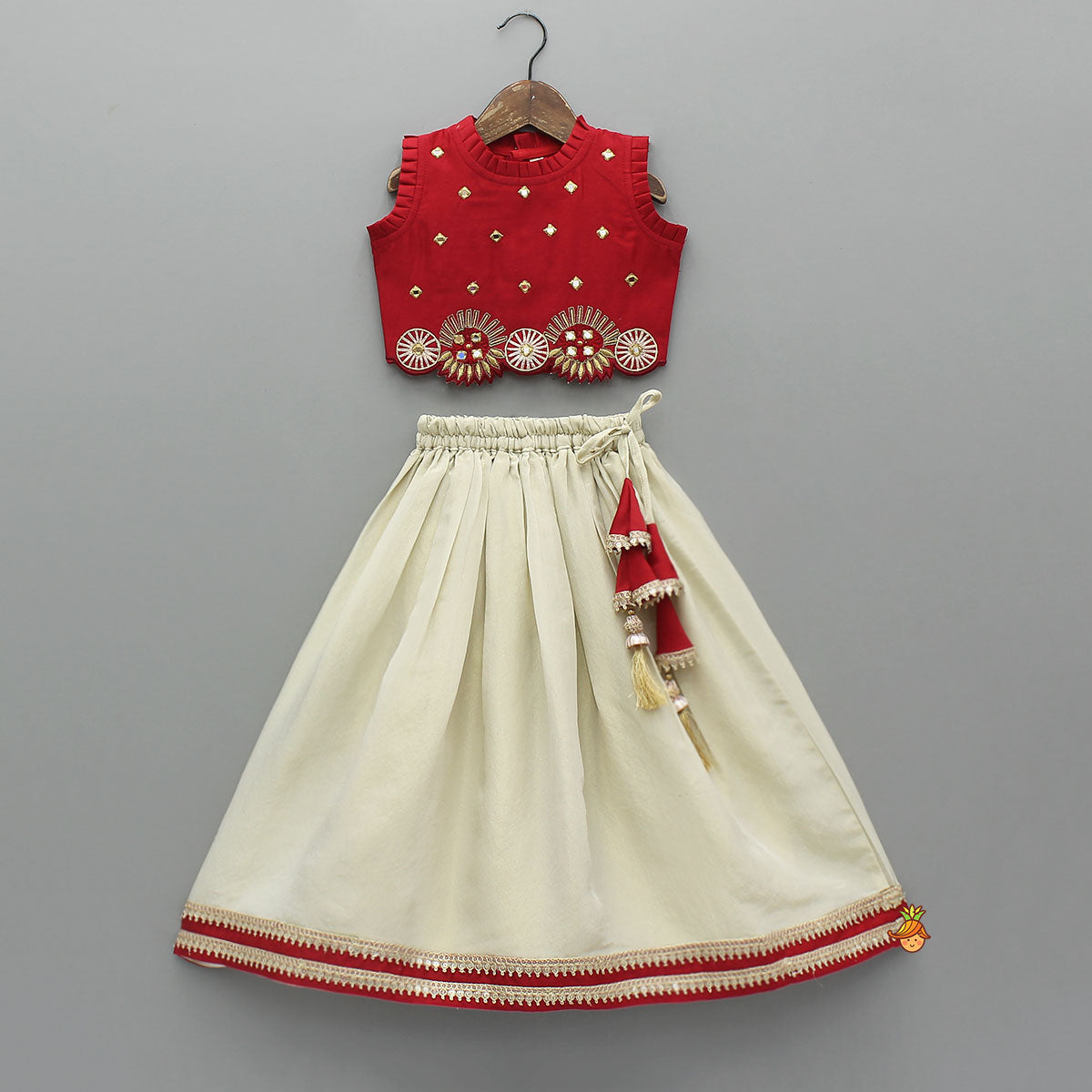 Pre Order: Mirror Work Pleated Top And Shimmery Lehenga