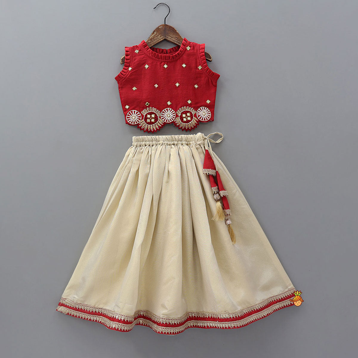 Pre Order: Mirror Work Pleated Crop Top And Shimmery Lehenga