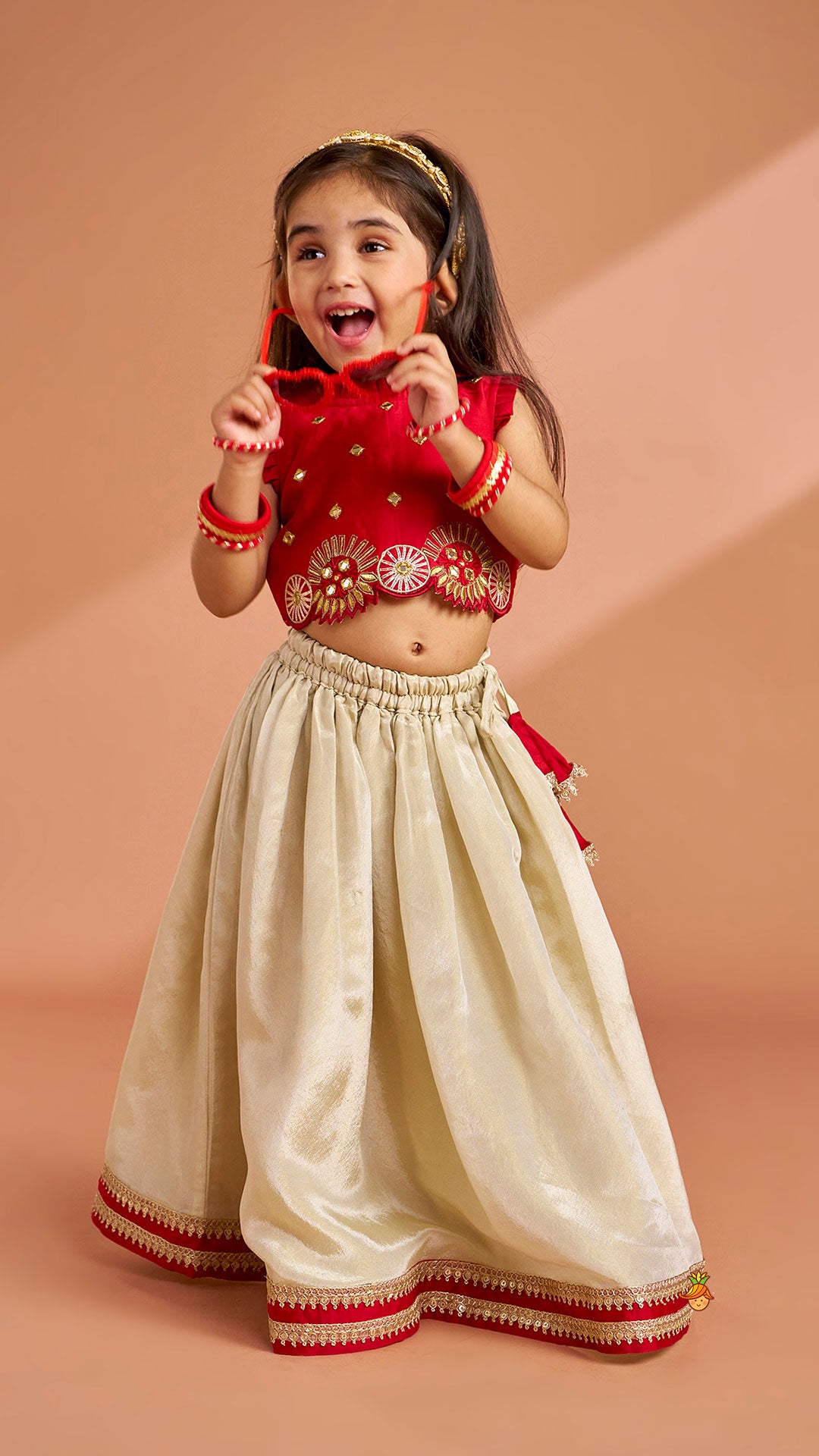 Pre Order: Mirror Work Pleated Top And Shimmery Lehenga