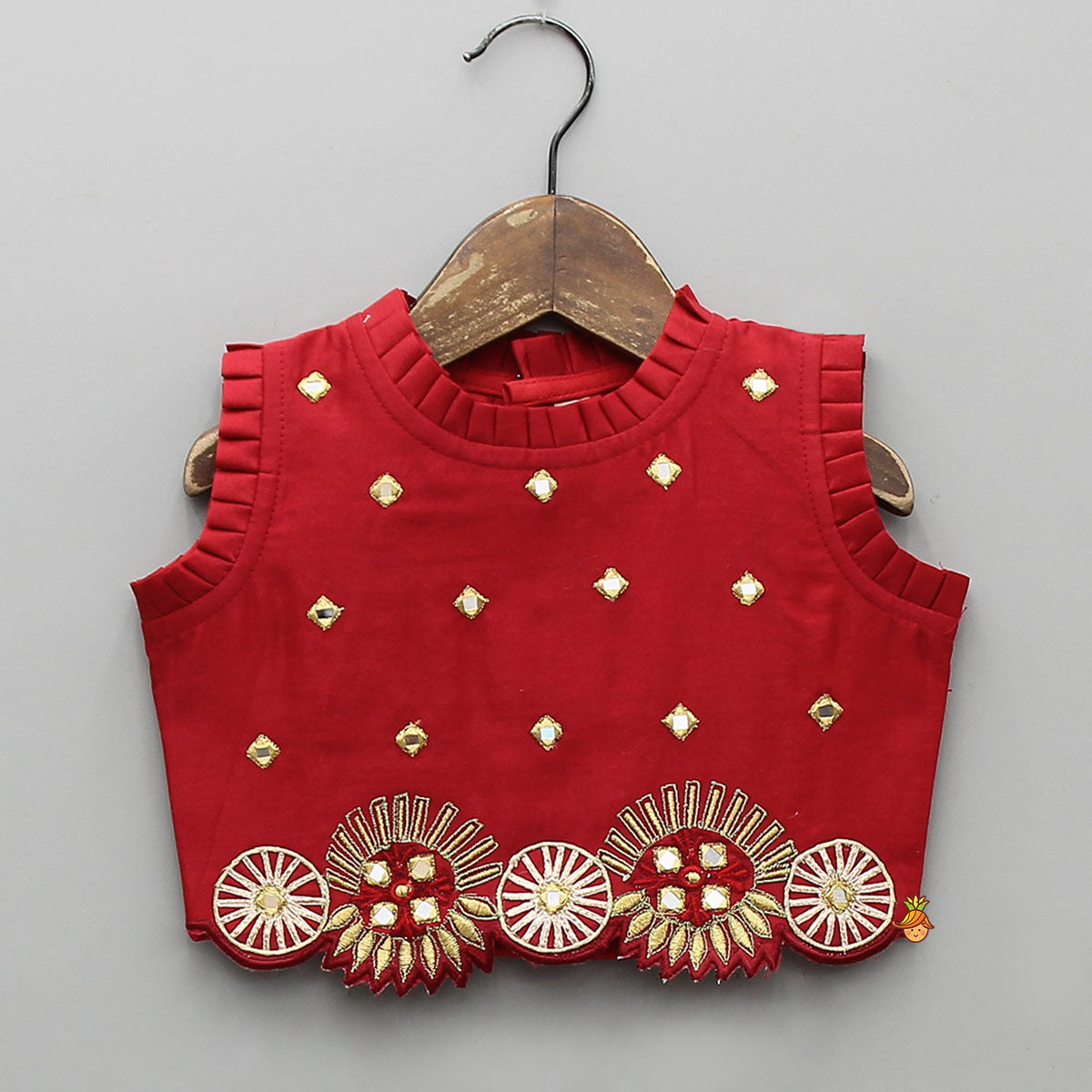 Pre Order: Mirror Work Pleated Top And Shimmery Lehenga