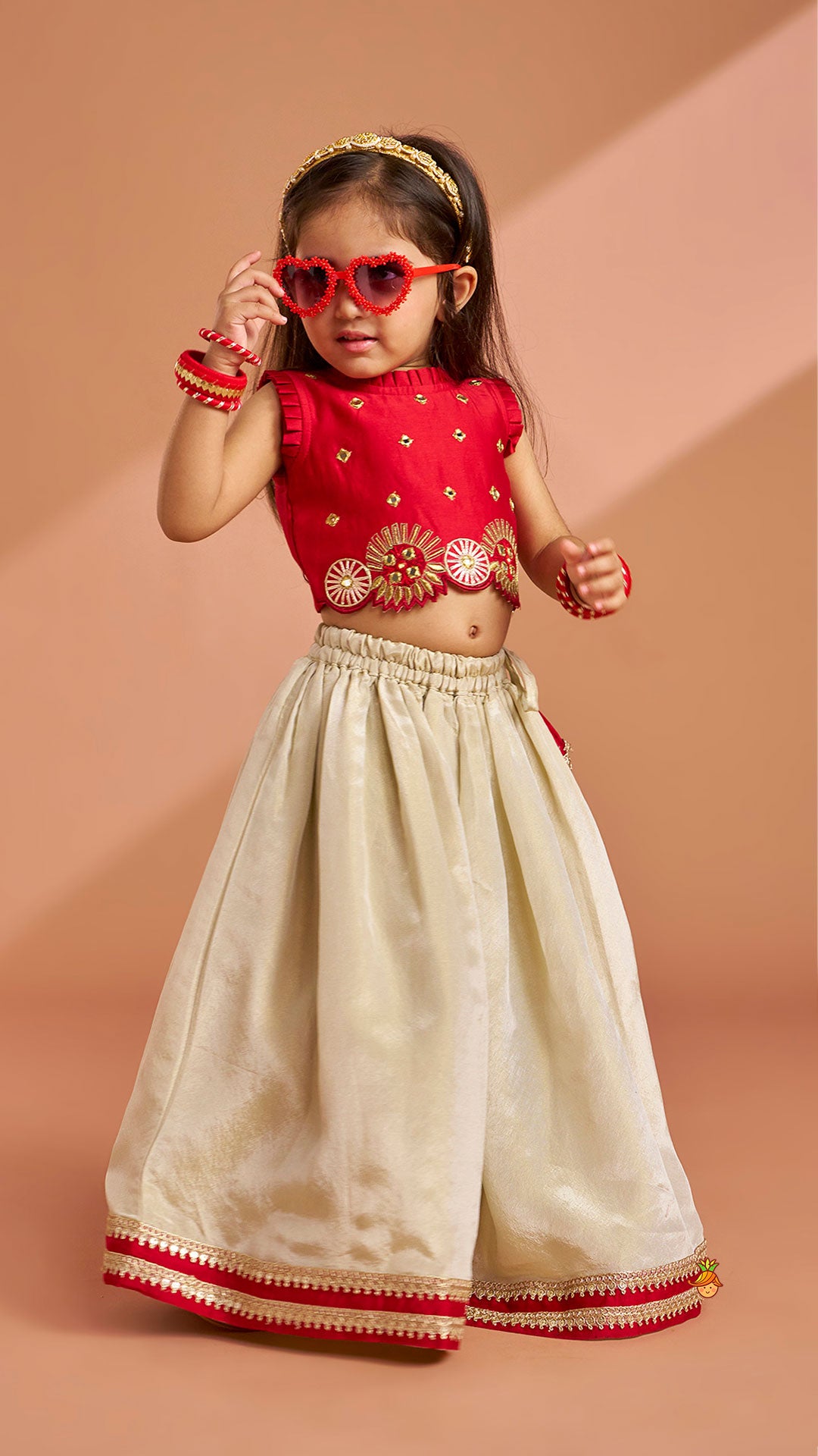 Pre Order: Mirror Work Pleated Crop Top And Shimmery Lehenga