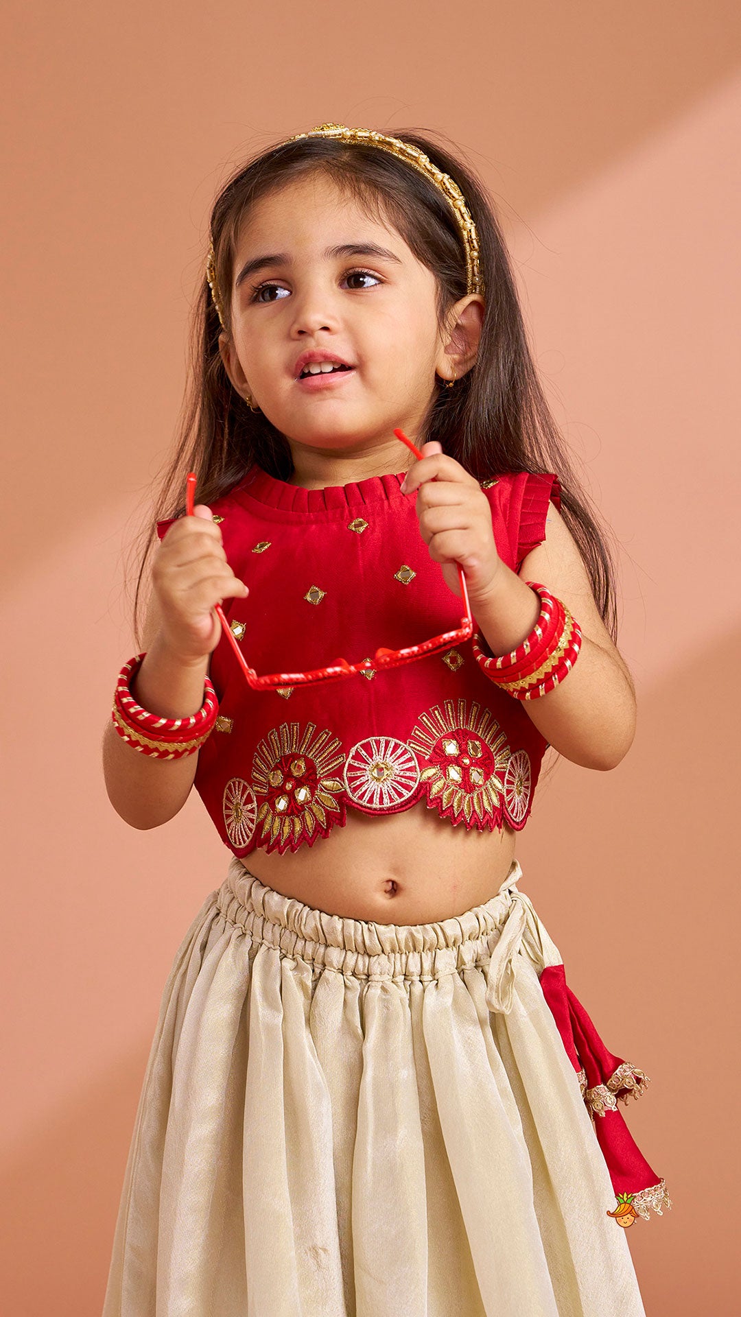 Pre Order: Mirror Work Pleated Top And Shimmery Lehenga