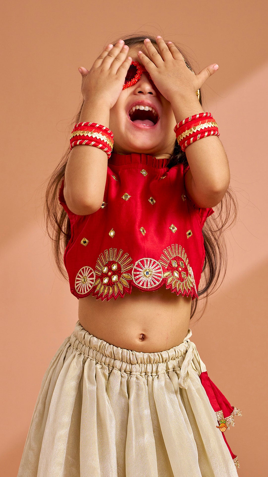 Pre Order: Mirror Work Pleated Crop Top And Shimmery Lehenga