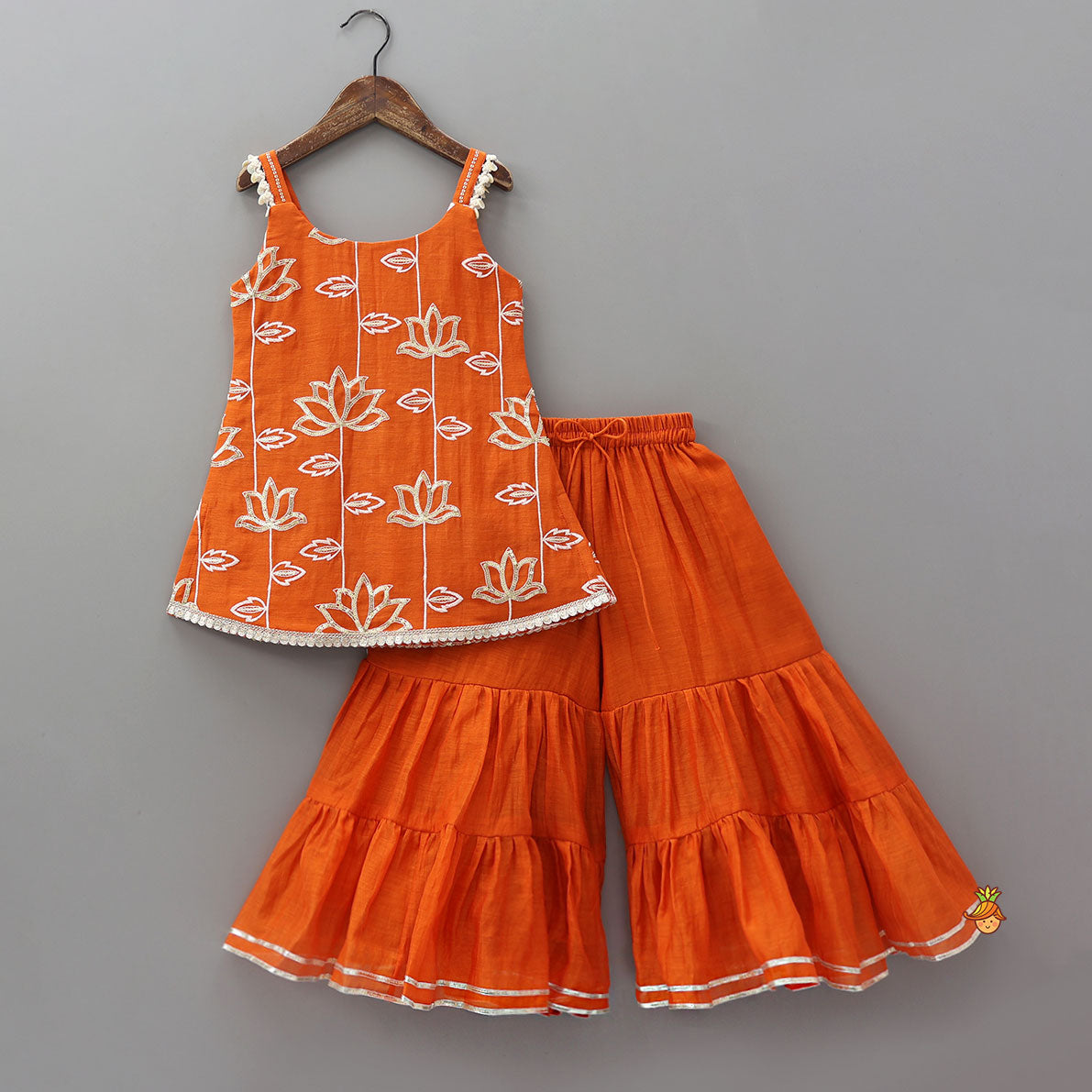 Pre Order: Beautiful Lotus-Embroidered Strappy Kurti With Sharara