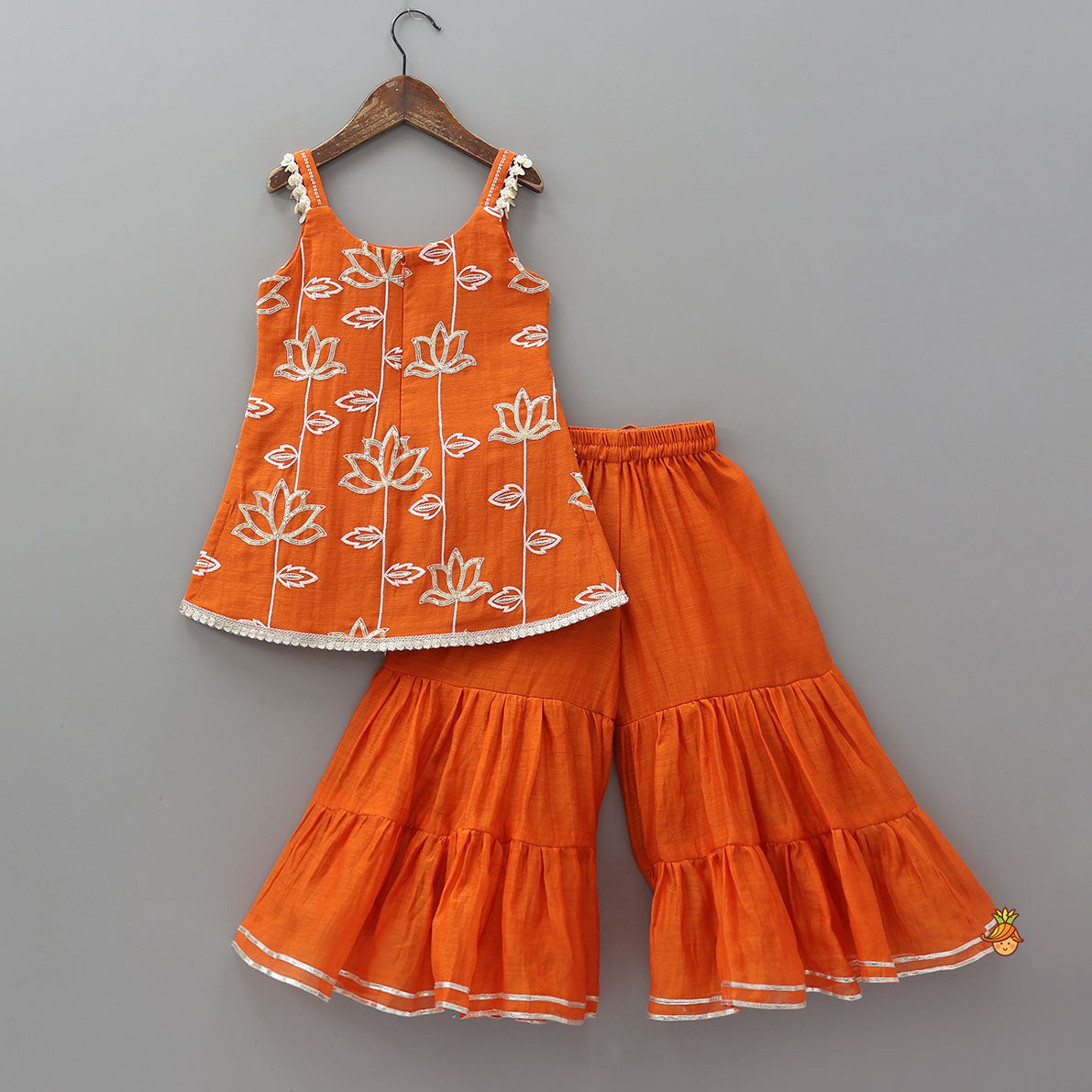 Pre Order: Beautiful Lotus-Embroidered Strappy Kurti With Sharara