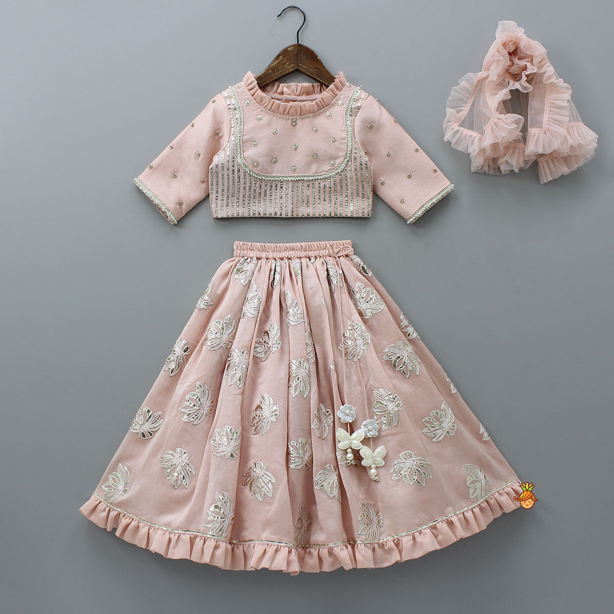 Pre Order: Frill-Enhanced Neckline Embroidered Top With Lehenga And Net Dupatta