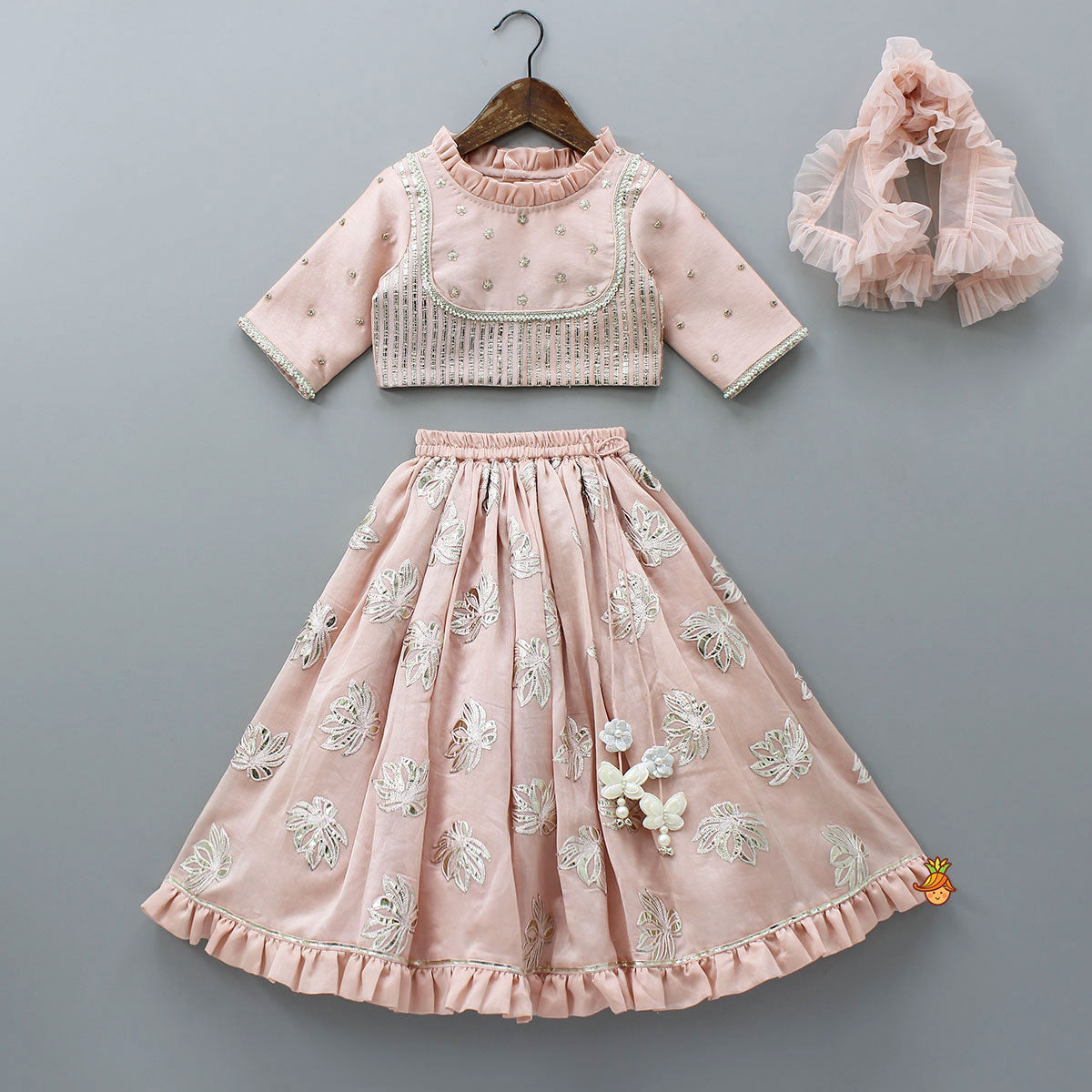 Pre Order: Frill-Enhanced Neckline Embroidered Top With Lehenga And Net Dupatta