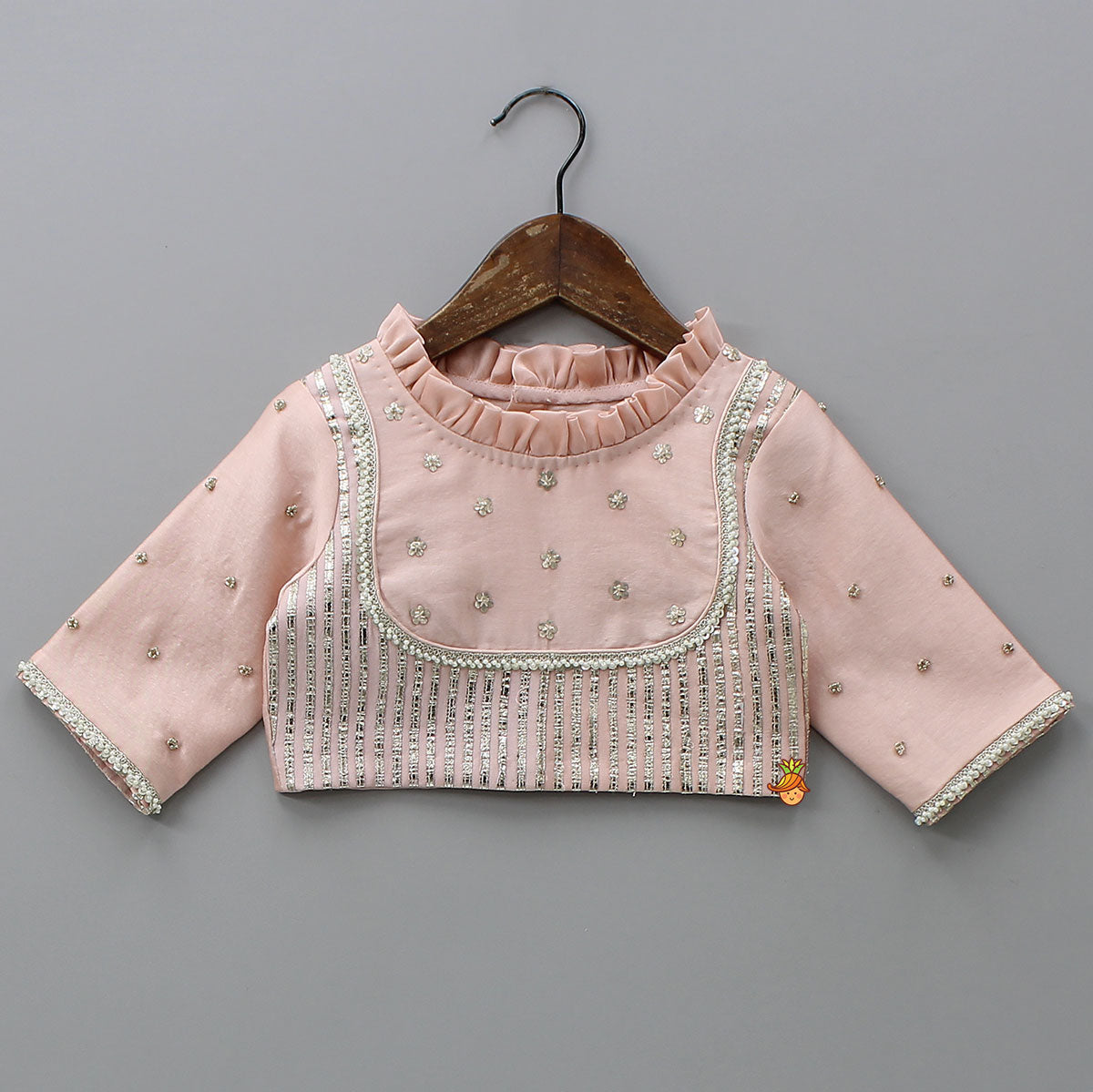 Pre Order: Frill-Enhanced Neckline Embroidered Top With Lehenga And Net Dupatta