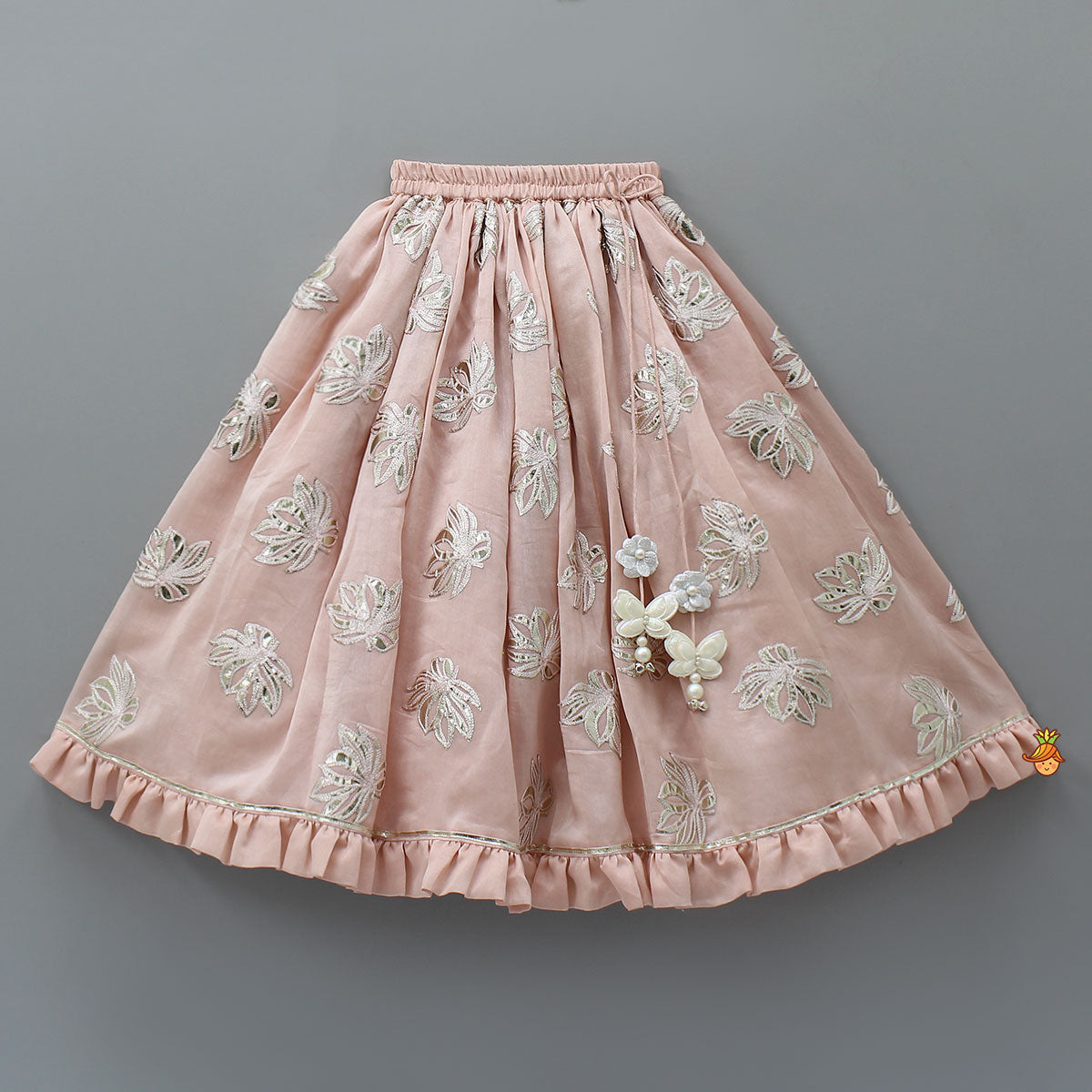 Pre Order: Frill-Enhanced Neckline Embroidered Top With Lehenga And Net Dupatta